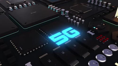 5g header. next generation chip and processor animation. big power technological breakthrough
