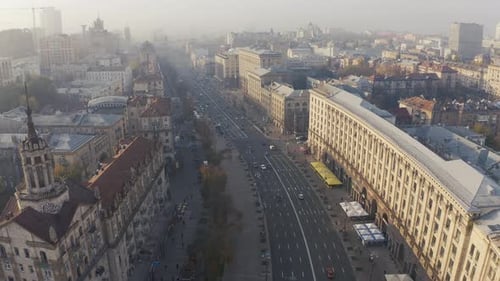 Fly Over Khreshchatyk at Foggy Weather. The Capital of Ukraine. Center of Kyiv Khreshchatyk Street