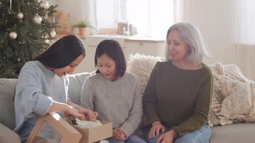 Feliz mulher asiática recebendo presente de Natal e abraçando a família