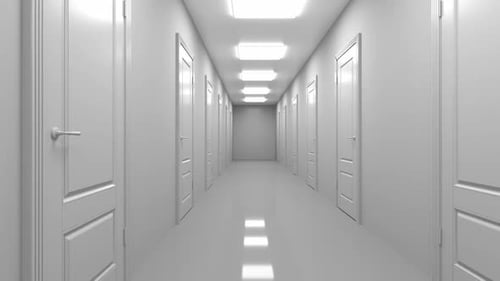 Viele Türen im weißen Korridor und eine öffnete sich