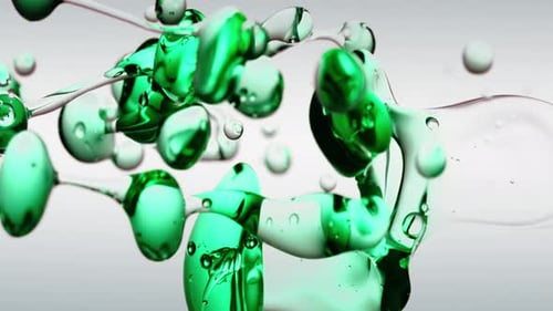 Transparent Cosmetic Green Petrol Oil Bubbles and Shapes on White Background