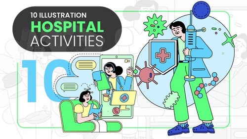 Ilustração animada de atividades hospitalares