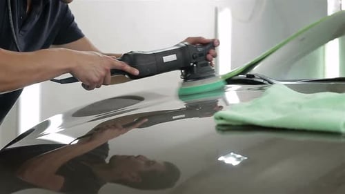 Close Up Shot Man Waxing Hood Car Special Tool