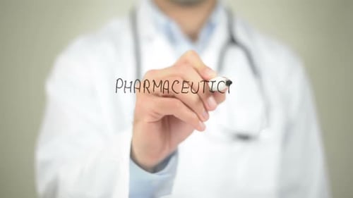 Farmacéutico, escrito por médicos en pantalla transparente