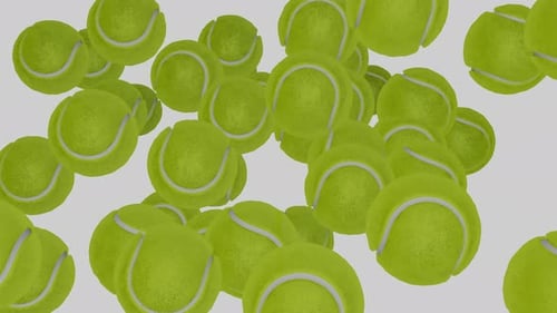 Many tennis balls fly into the camera.