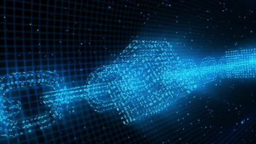 Blockchain-Netzwerksicherheitskonzept Krypto-Binärpartikel Nahaufnahme -