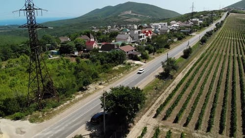 Fast Movement Aerial Shot of White Car on Road Near Village and Vineyards. Unrecognizable Car Drives
