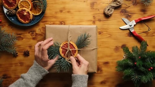 Female Hands Decorates Christmas Present