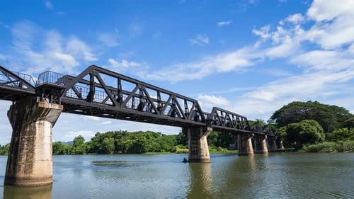 Time-lapse of Tourists on the Bridge River Kwai in Kanchanaburi, Thailand
