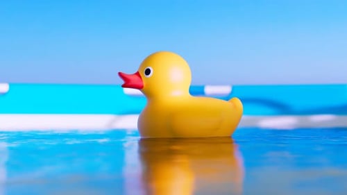 Gummiente schwimmt im Schwimmbad. Kamera schließt ein süßes gelbes Spielzeug.