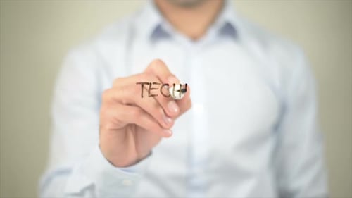 Technical Assistance Man Writing on Transparent Screen