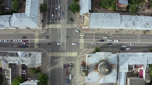 Aerial Vertical View Of Car Traffic On Tver City Avenue