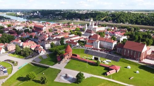 Kaunas, Lithuania. Aerial View of Old Town, Gothic Medieval Castle, Catholic Cathedral and Church on