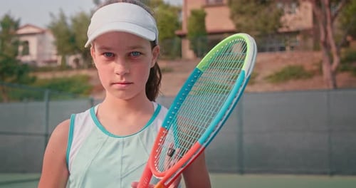 Teenager Tennis Player. Athlete Girl Looking on Colorful Bright Tennis Racket