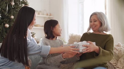 Alegre mulher sênior abrindo presente de Natal da filha e da neta