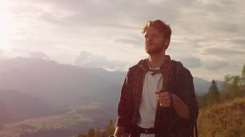 Closeup Confident Man Hiking Mountains