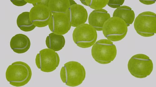 Many tennis balls falling down on white background.
