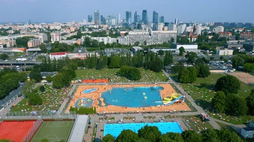Aerial View of Open Air Swimming Pool in City of Warsaw Poland