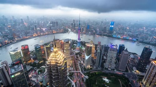Timelapse of city skyline from day to night in Shanghai china