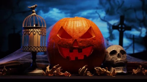 Scary laughing pumpkin and an old skull over the frightening gothic background.