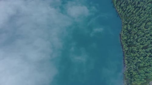 Aerial Vertical View Over Cloudy Altai Lake