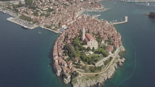 Peninsula With Rovinj Town And Church Of St. Euphemia. Aerial Panorama. Flat Color