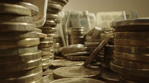 Dolly Footage Through Yellow Metal Coins 10 Russian Rubles