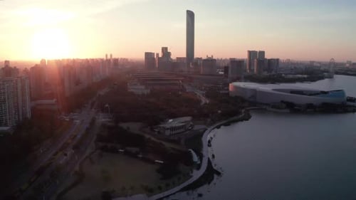 Sunrise with CBD buildings. Aerial in Suzhou, China.