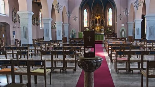 Empty Catholic Cathedral Inside Wooden Benches for Prayers Church Interior