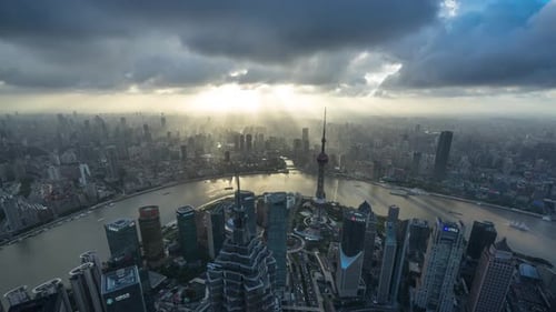 Timelapse of city skyline from day to night in Shanghai china