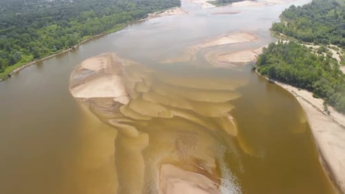 Aerial High Altitude Flight Over Drought River In Europe