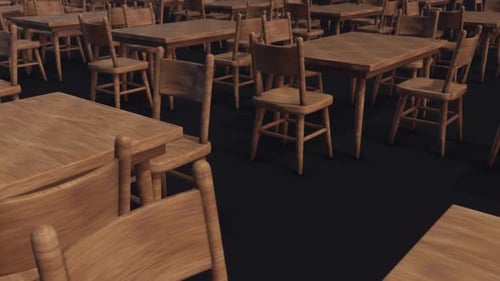 Multiple Empty Wooden Dining Table And Chairs Isolated On Dark Background Hd