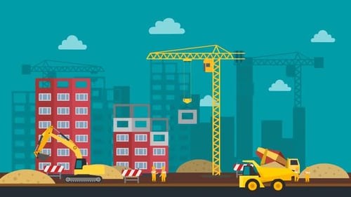 Building Construction Site. Cartoon animation with heavy machinery and workers