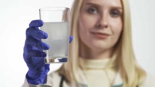 Der Arzt lässt die Brausetablette in das Glas fallen und löst sie auf