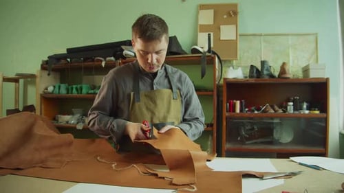 General View of the Workshop and Workbench of a Shoemaker Who Prepares Natural Leather To Create an