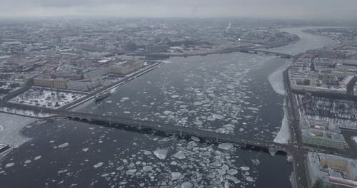 Flying Over Neva River in Saint-Petersburg in Wintertime
