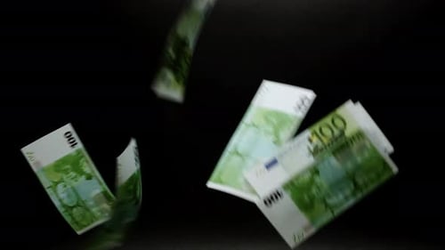 Flying One Hundred Euro Banknotes on Black Studio Background Scattering Money Everywhere 100 Euro