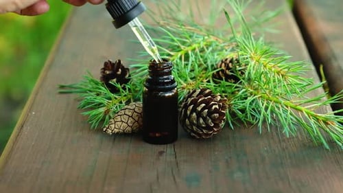 Óleo essencial de abeto em uma pequena garrafa