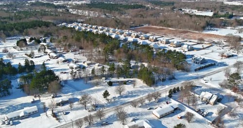Panorama Aerial View in Small American Town Townhouse Settlement the Winter Snow Covered Rooftops of