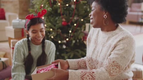 Mulher negra alegre recebendo presente de Natal da família