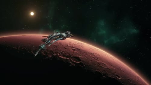 Spaceship Leaving Orbit from an Alien World and Heading Off into Deep Space