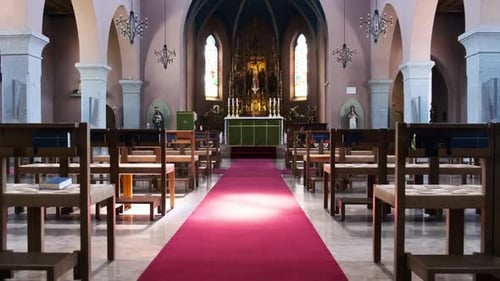 Empty Catholic Cathedral Inside Wooden Benches for Prayers Church Interior