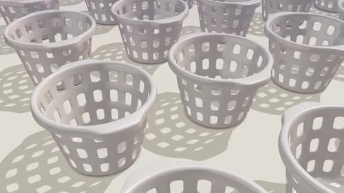 Multiple White Plastic Laundry Baskets In A Row Hd