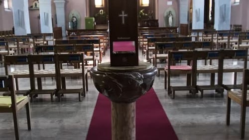 Empty Catholic Cathedral Inside Wooden Benches for Prayers Church Interior