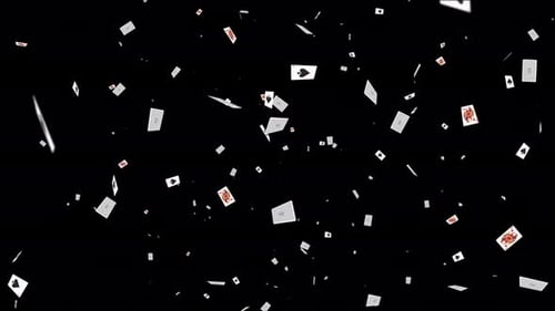 Animation falling playing cards and casino chips from light beams on dark shadow. Animation of seaml