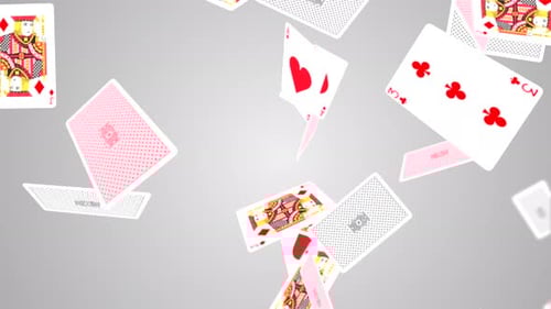 A collection of jack of hearts playing cards falling across the screen on Clean White Loop backgroun