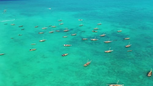 Vibrant wooden boats float peacefully in crystal-clear turquoise waters under a bright sky.