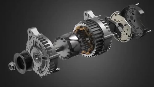 Structure and scheme of car alternator, generator on black background.. 3d video animation