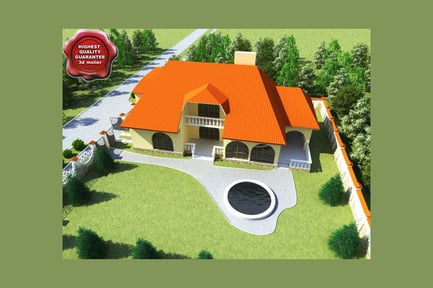 Two-story house with red tile roof and landscaped grounds