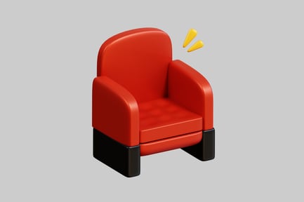 Preview: Armchair with curved back and black base, accompanied by airborne objects